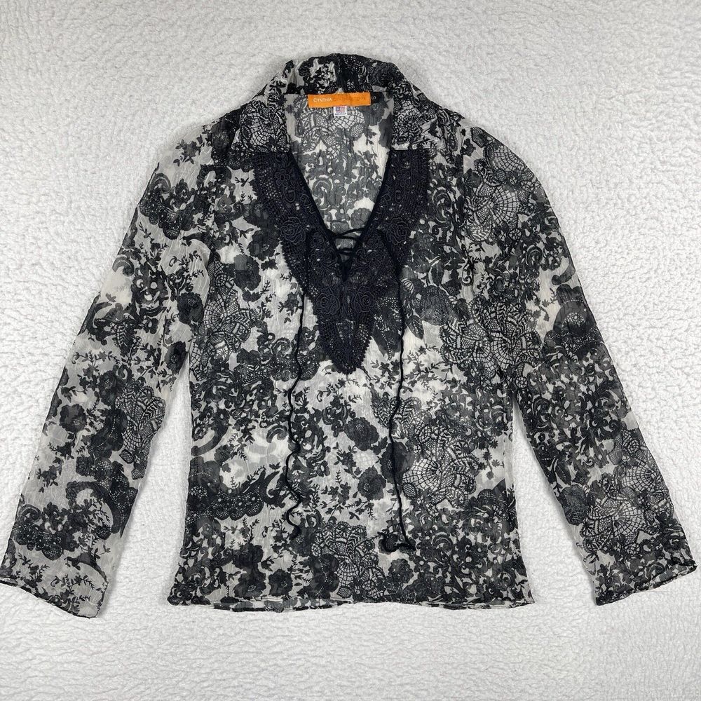 Cynthia Steffe Shirt‎ Womens Small Black Blue Blouse Sheer Crochet Career USA